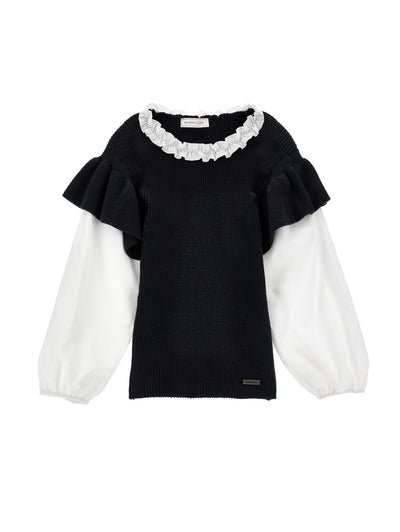 Soft Knitted Girls Blouse with Poplin Cotton Sleeves by Monnalisa