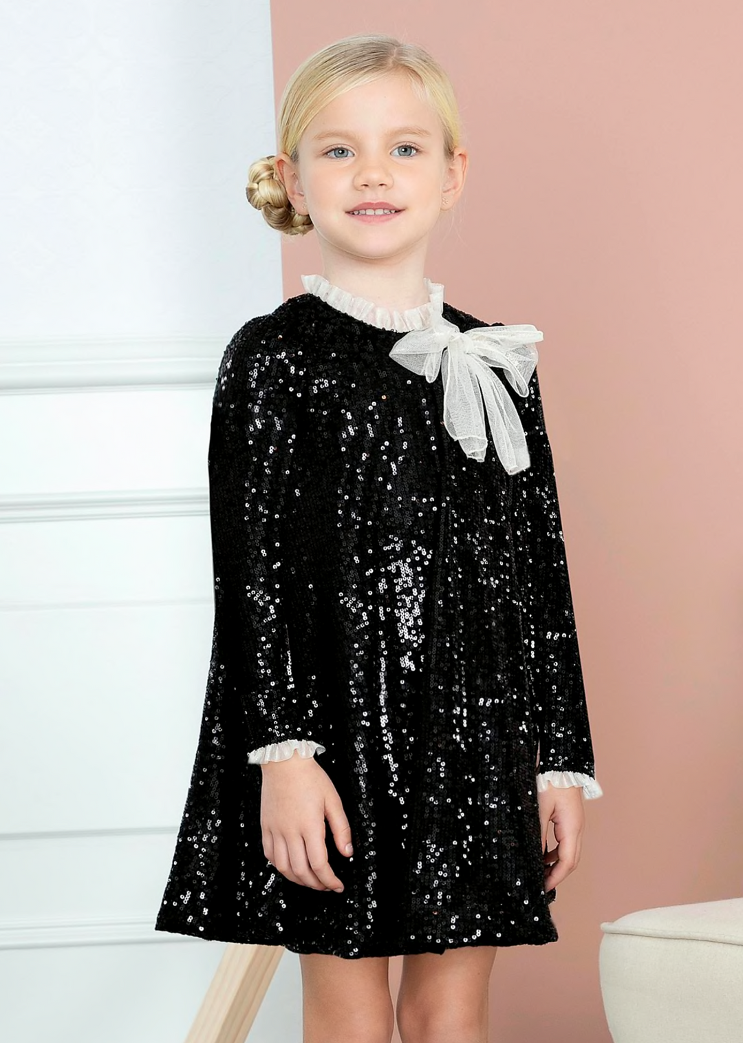 Girls' Sequin Black Dress With a Bow MINI ME AND MAMA Girls' Sequin Black Dress With a Bow MINI ME AND MAMA