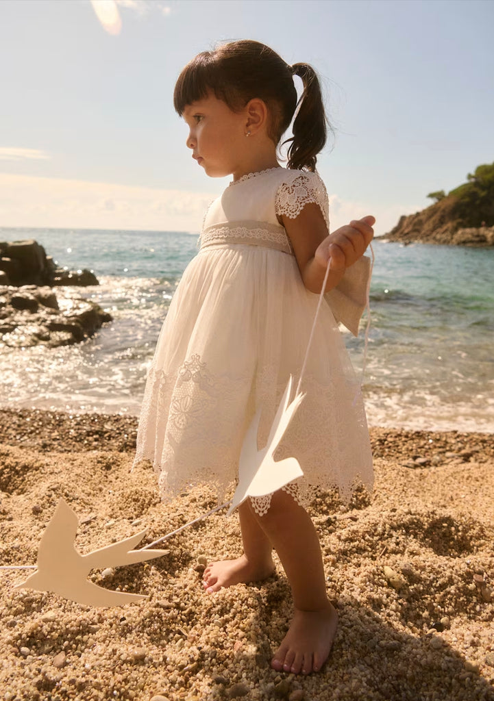 Baby Embroidered Tulle Dress in Cream Color by Abel and Lula