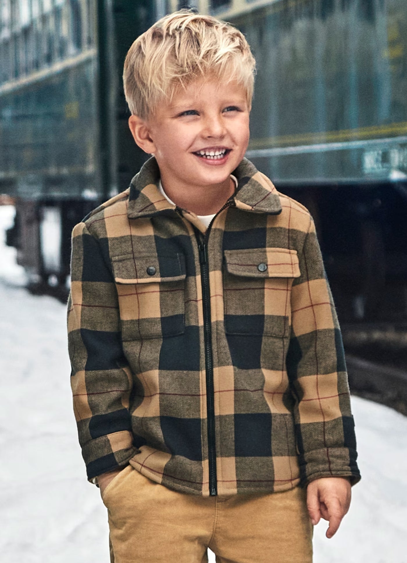 Mayoral Boys' Plaid Zip-Up  Toffee Jacket
