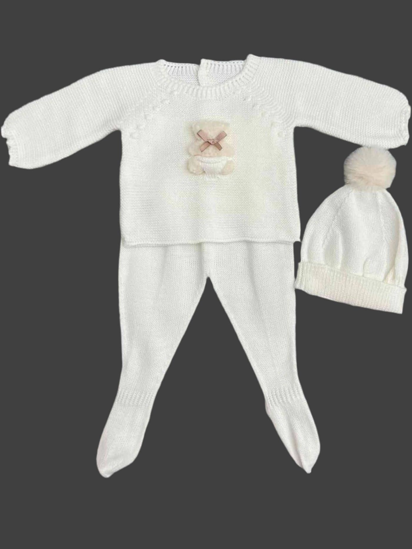 Knitted Teddy Bear Snuggle White 3-piece Set