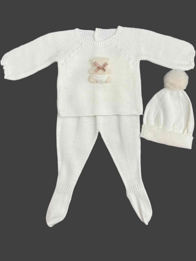 Knitted Teddy Bear Snuggle White 3-piece Set