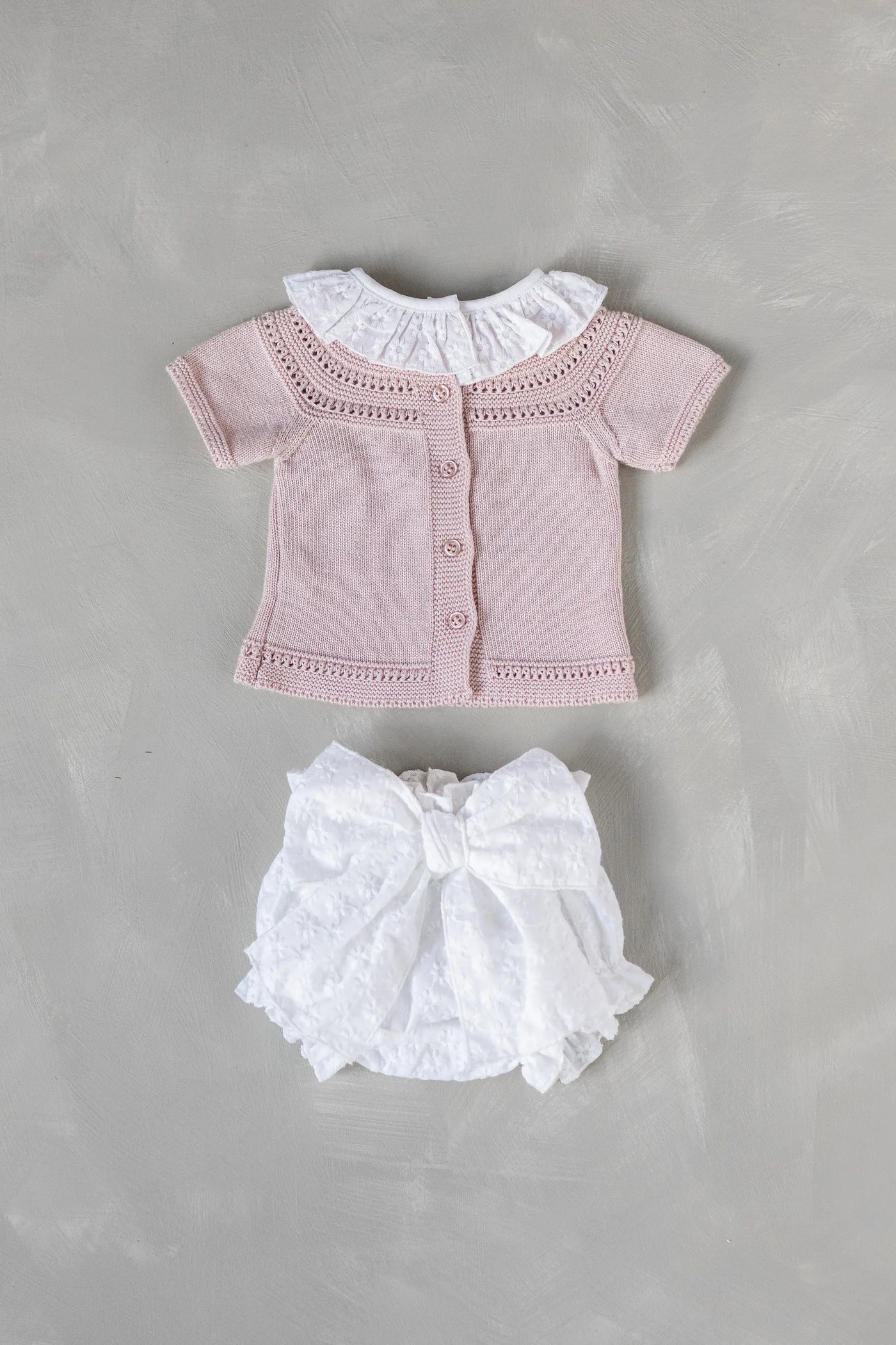 Dusty Rose Knit Top & White Bow Bloomers