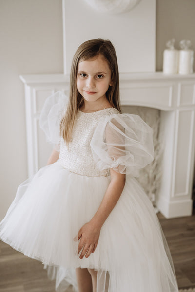 White Beaded Flower Girl Dress with a Graceful Long Tail