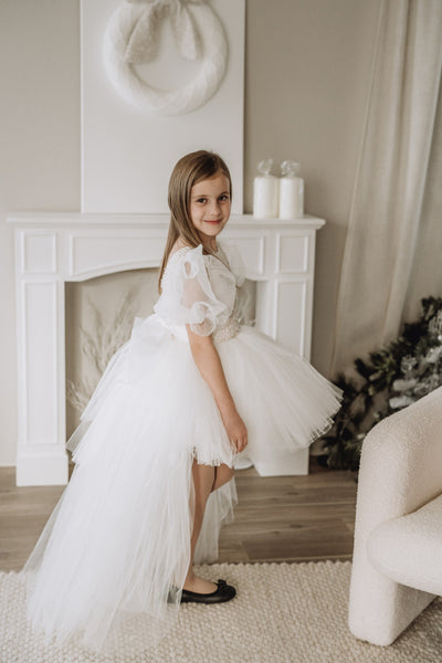 White Beaded Flower Girl Dress with a Graceful Long Tail