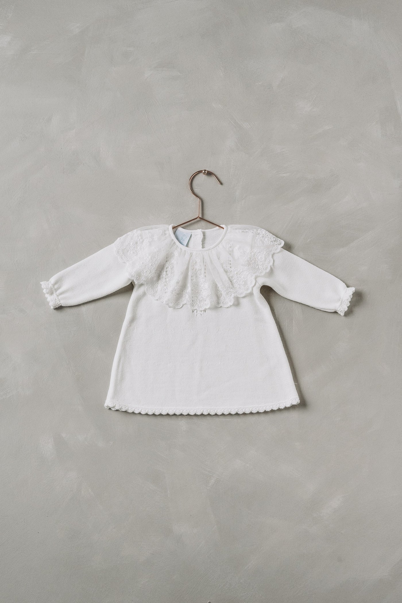 Knitted White  Baby Girls Dress with Lace Embroidered Collar
