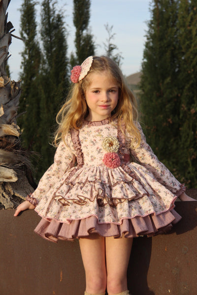 Dusty Rose Floral Cascade Ruffle Dress