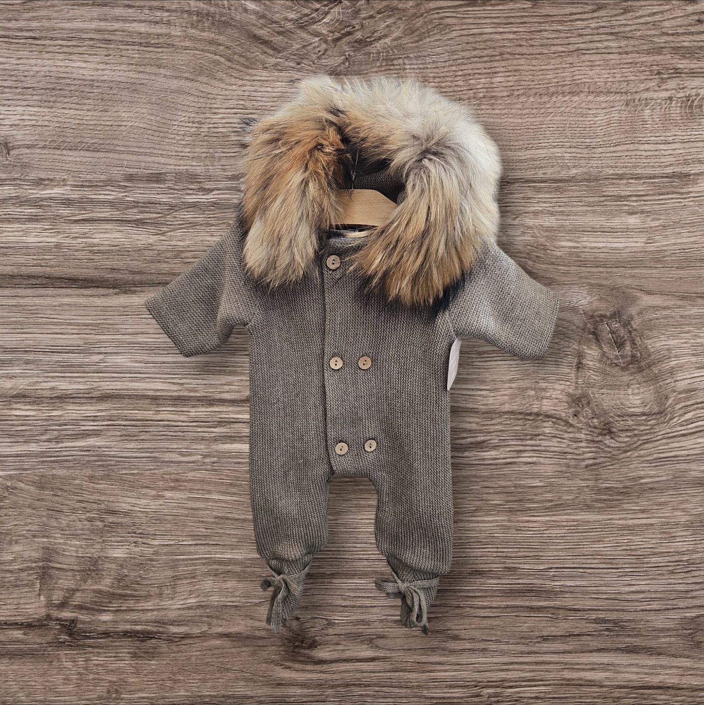 Newborn Baby  Knitted Onesie in Light Brown Color with attachable Natural Fur