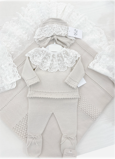 Light Beige Knitted  Baby Outfit 2-piece Set (Top and Pants)