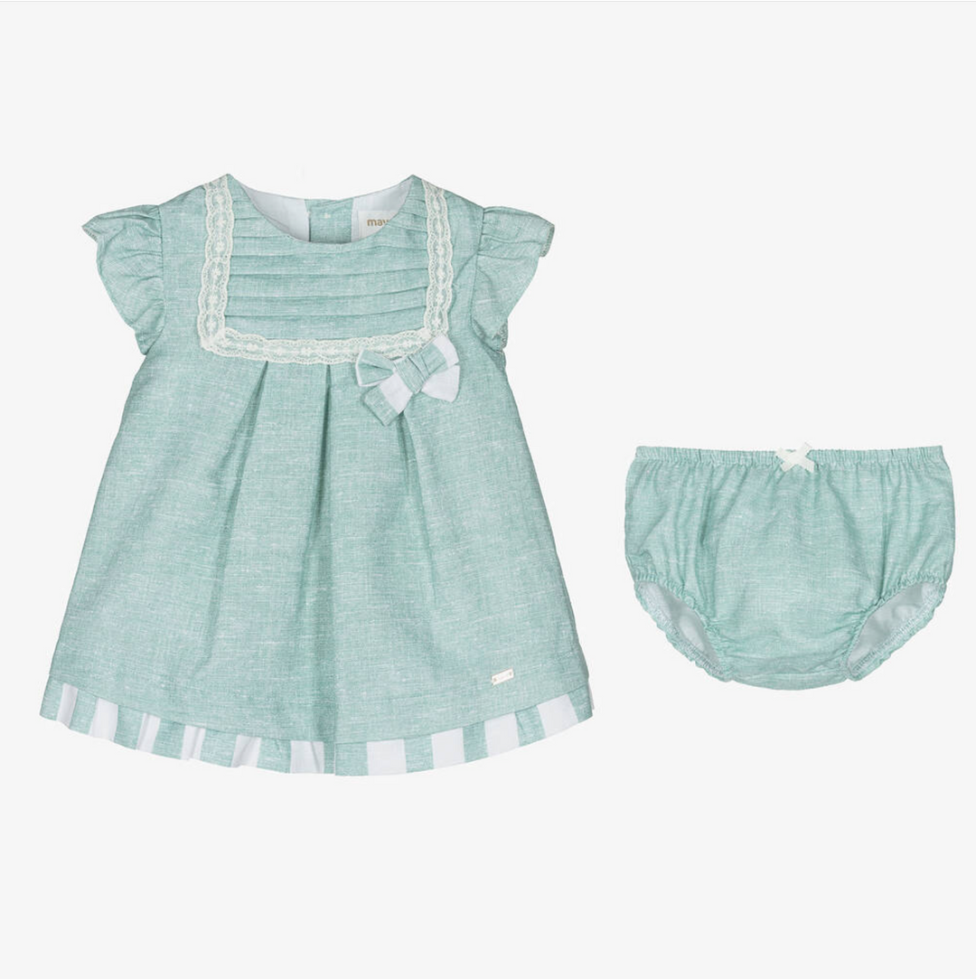 knee length dresses for ladies Linen Baby Girls' Dress in Aqua Color with bloomers – MINI ME AND MAMA