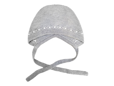Knitted Light Gray  Baby Bonnet with white dotted details