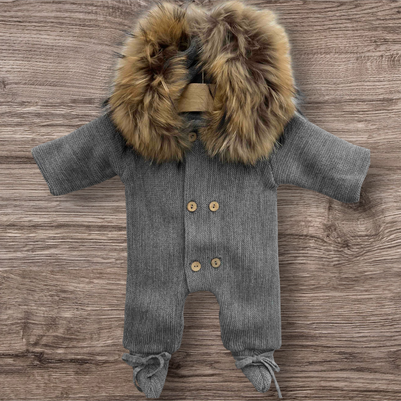 Newborn Baby Knitted Onesie in Gray Color with attachable Natural Fur