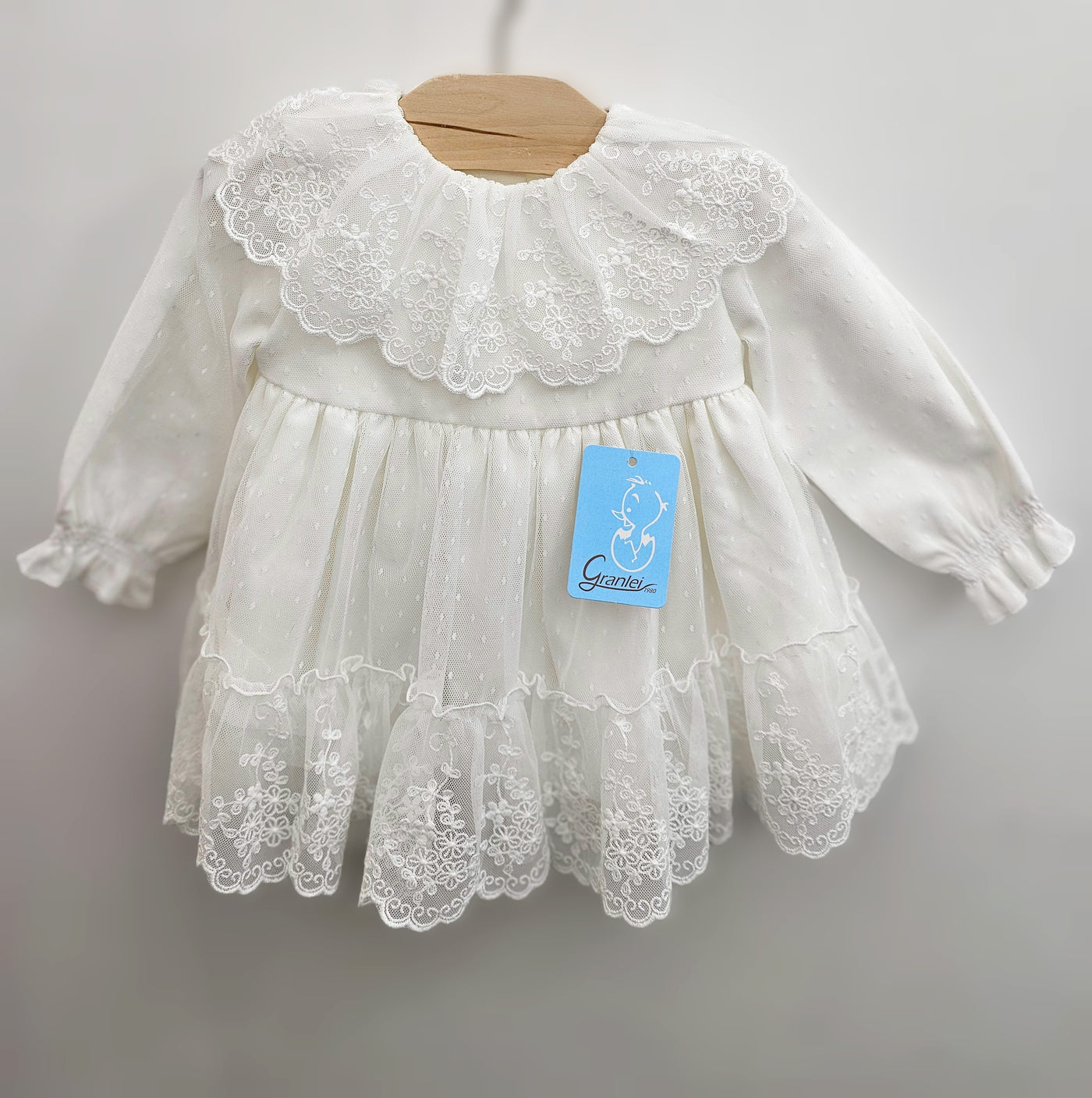 Vintage White Lace-Embroidered Baby Girl Dress