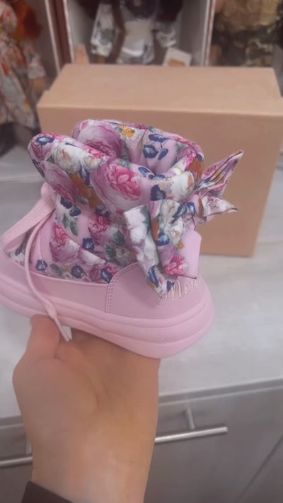 Monnalisa Girl's Pink Boots with Floral Print and a Bow