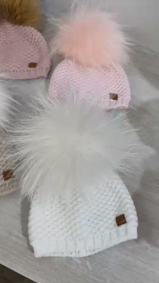 Knitted White Hat with Detachable Brown Natural Fur Pom-Pom