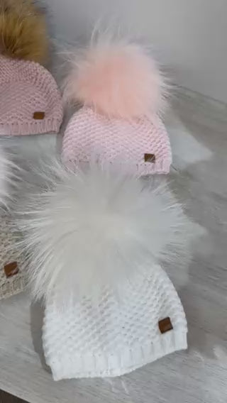 Knitted White Hat with Detachable White Natural Fur Pom-Pom