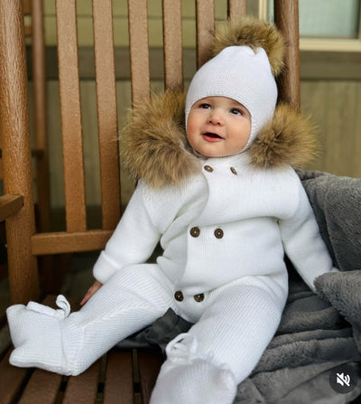 Newborn Baby Knitted Onesie in White Color with attachable Natural Fur