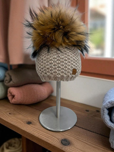 Knitted Light Beige Hat with Detachable Brown Natural Fur Pom-Pom
