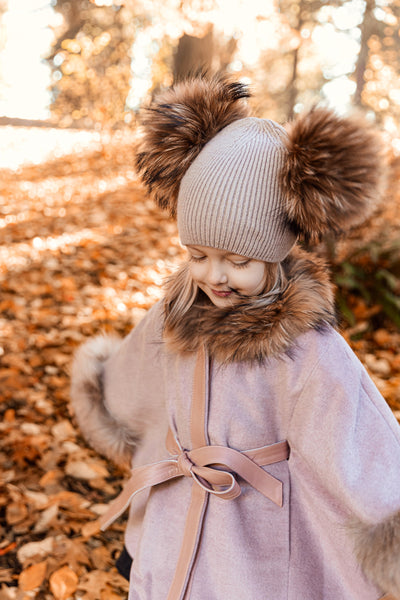 Mini Me and Mama Baby & Kids Cashmere Wool Knit Hat with Two Natural Fur Pom-Poms