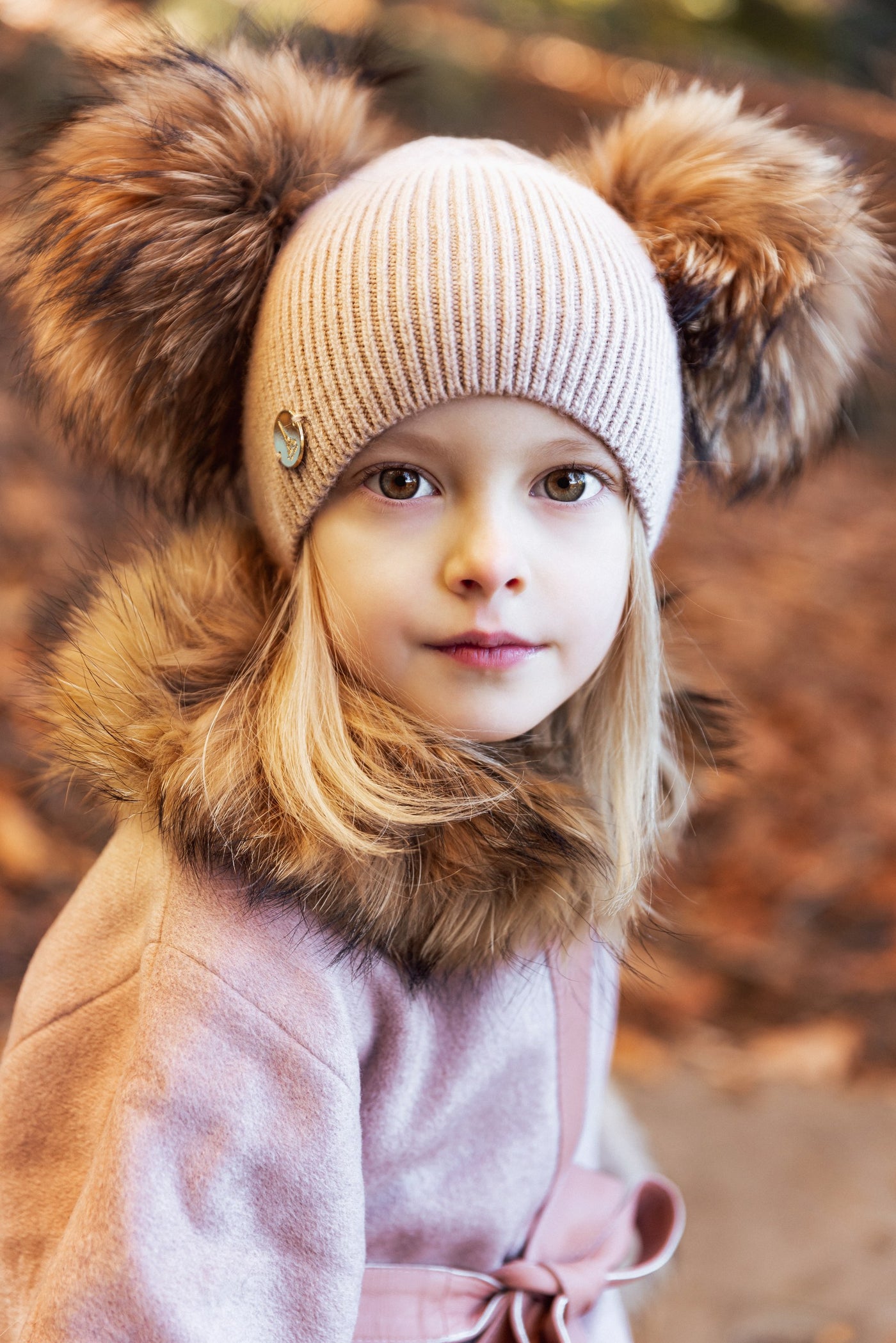 Mini Me and Mama Baby & Kids Cashmere Wool Knit Hat with Two Natural Fur Pom-Poms
