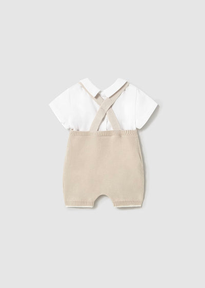 Newborn Boy 2-piece Knit Dungaree 100% Cotton Set in Beige Color with T-Shirt