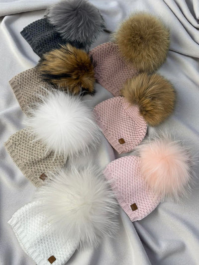 Knitted Light Beige Hat with Detachable Brown Natural Fur Pom-Pom