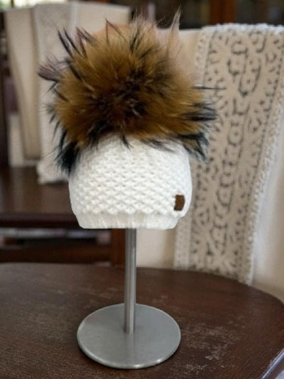 Knitted White Hat with Detachable Brown Natural Fur Pom-Pom