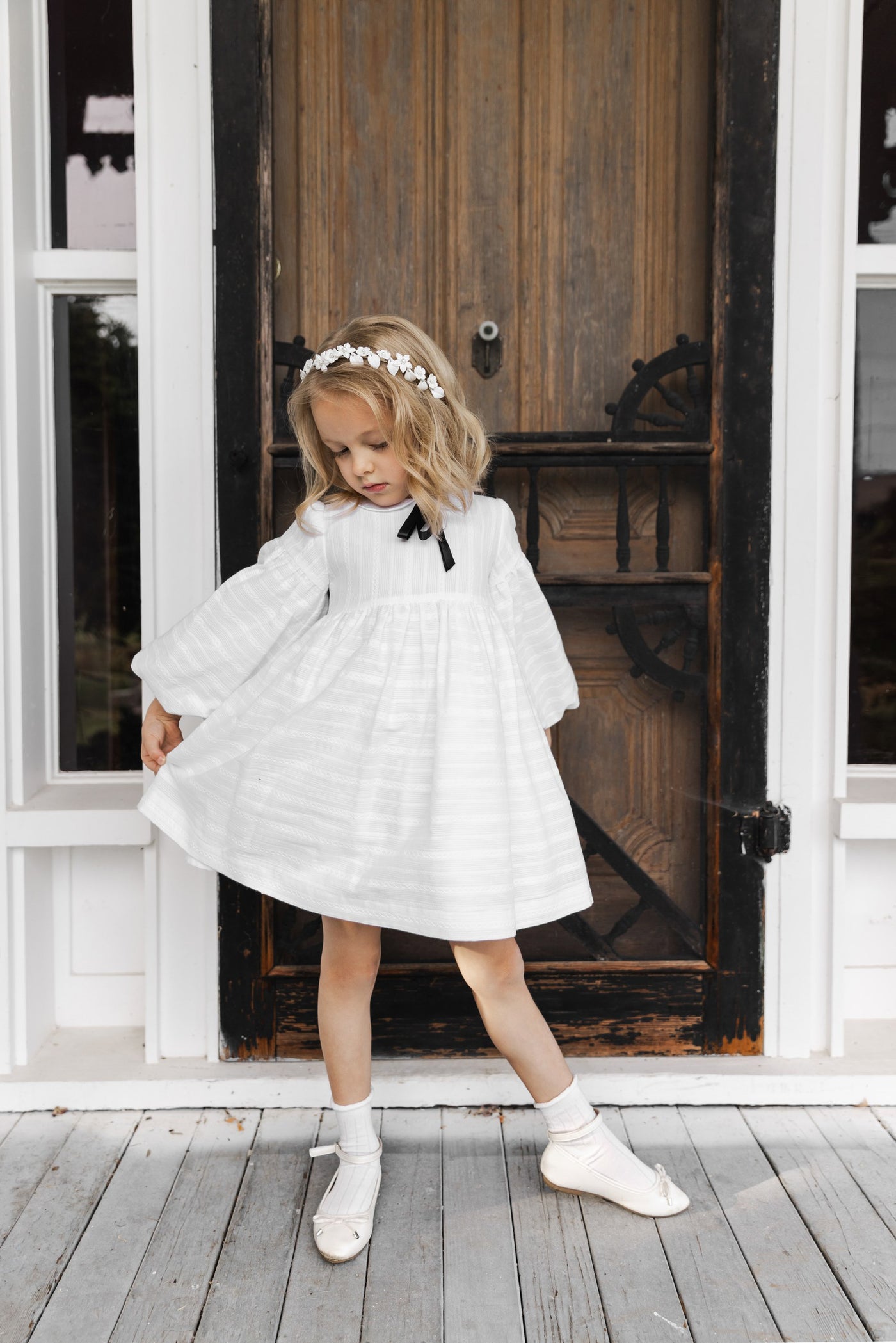 Jasmine White Cotton Dress with a Black Bow