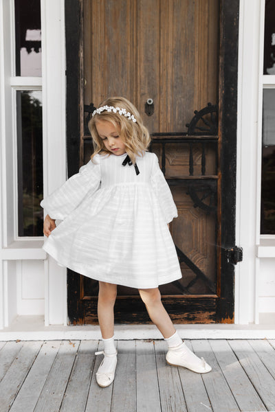 Jasmine White Cotton Dress with a Black Bow