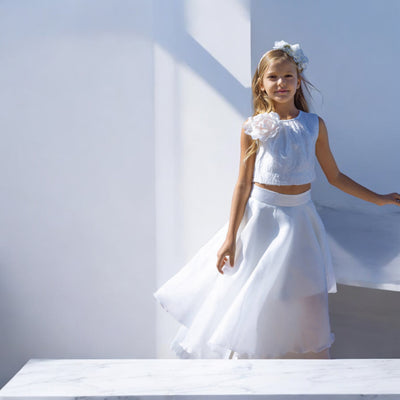 Girls' 2-piece White Dress Top and Organza Skirt by Monnalisa Italy
