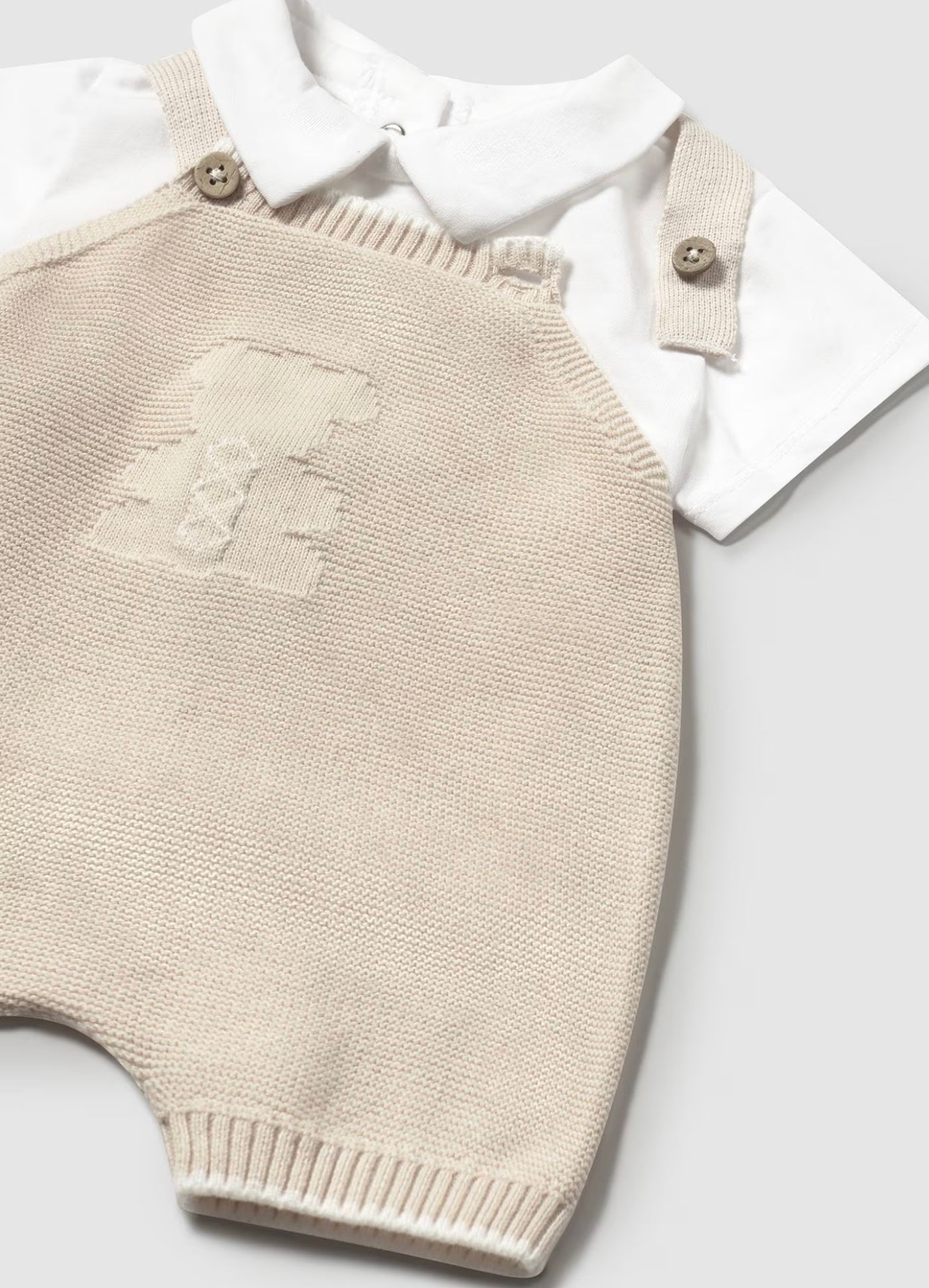 Newborn Boy 2-piece Knit Dungaree 100% Cotton Set in Beige Color with T-Shirt