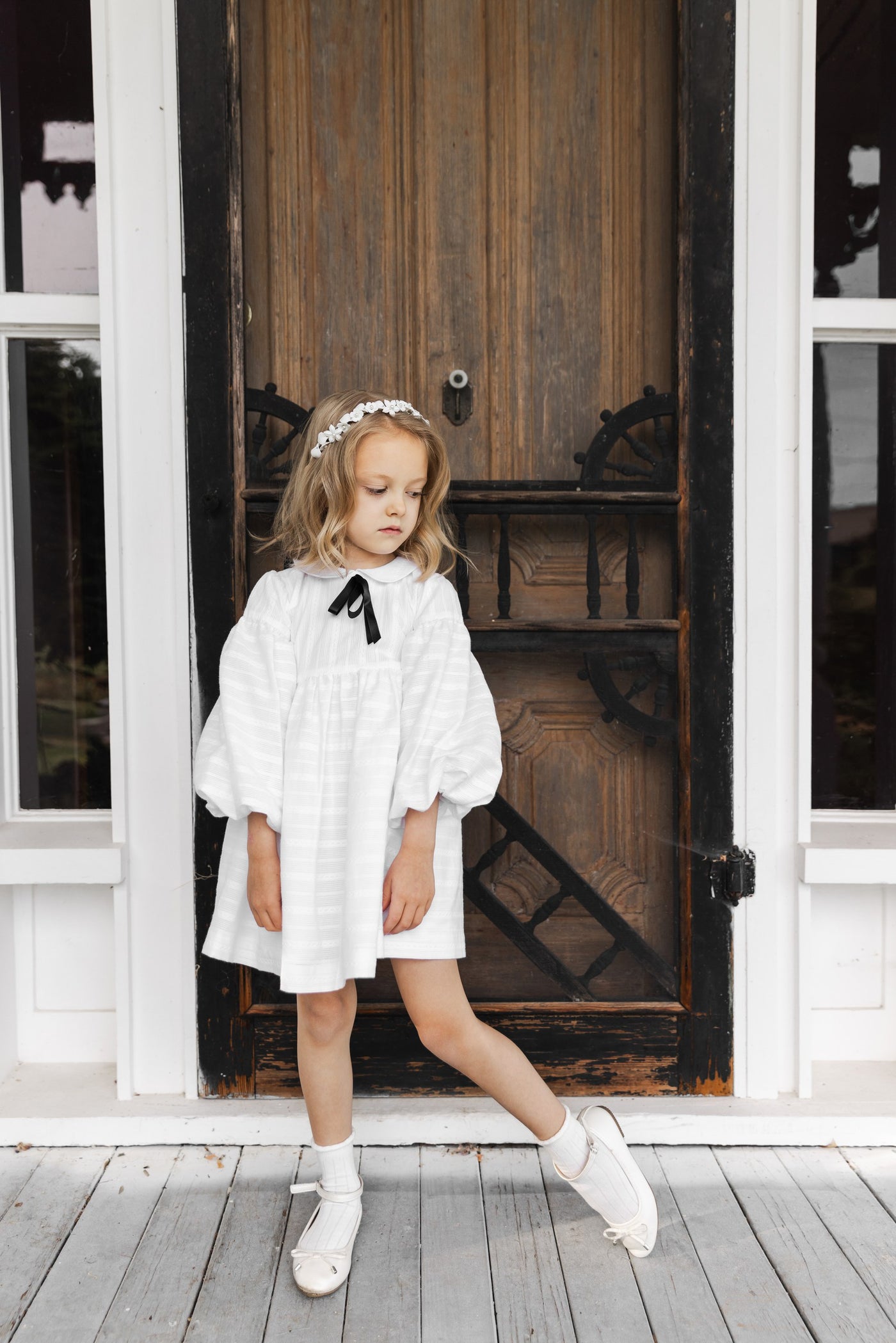 Jasmine White Cotton Dress with a Black Bow