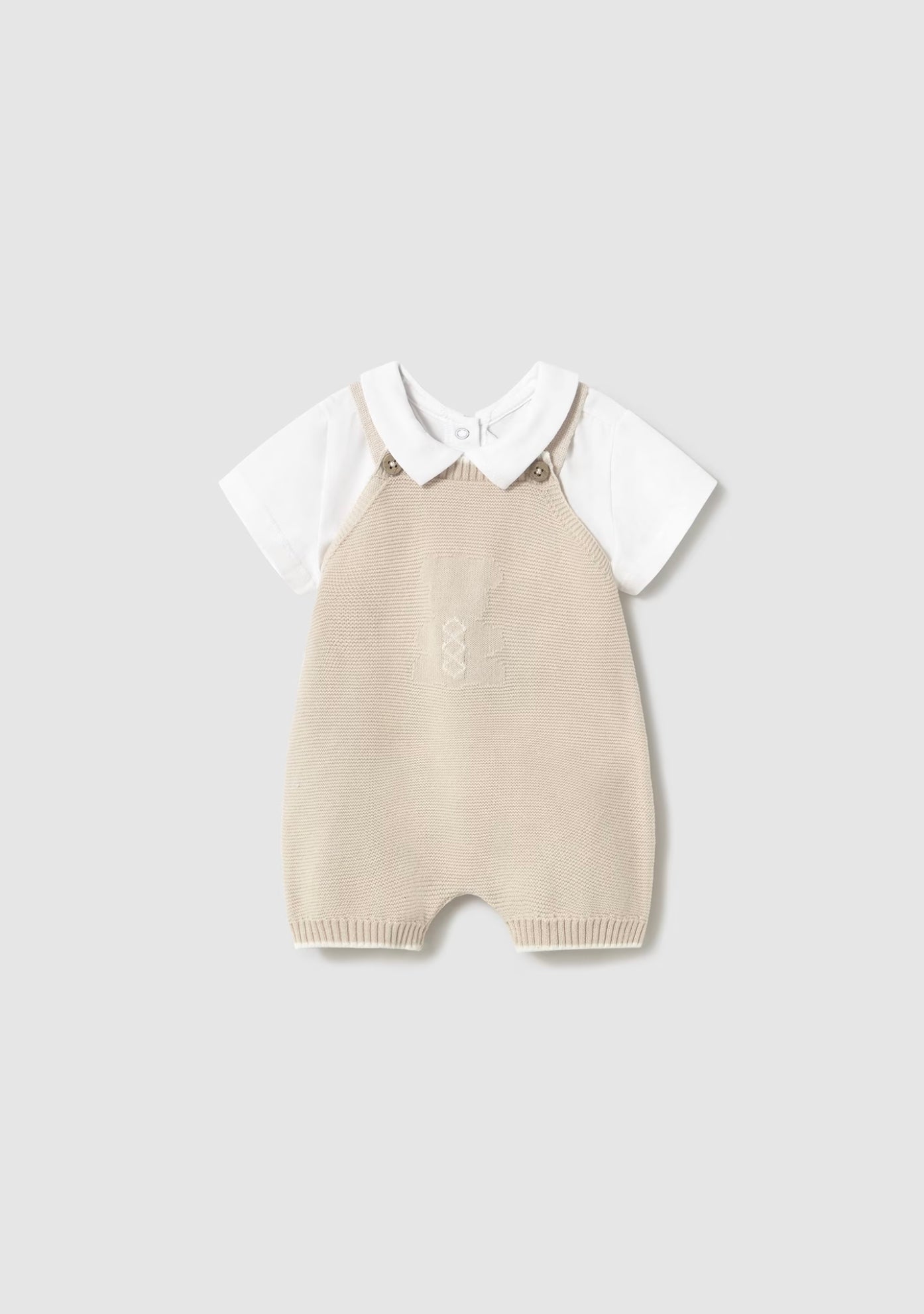 Newborn Boy 2-piece Knit Dungaree 100% Cotton Set in Beige Color with T-Shirt