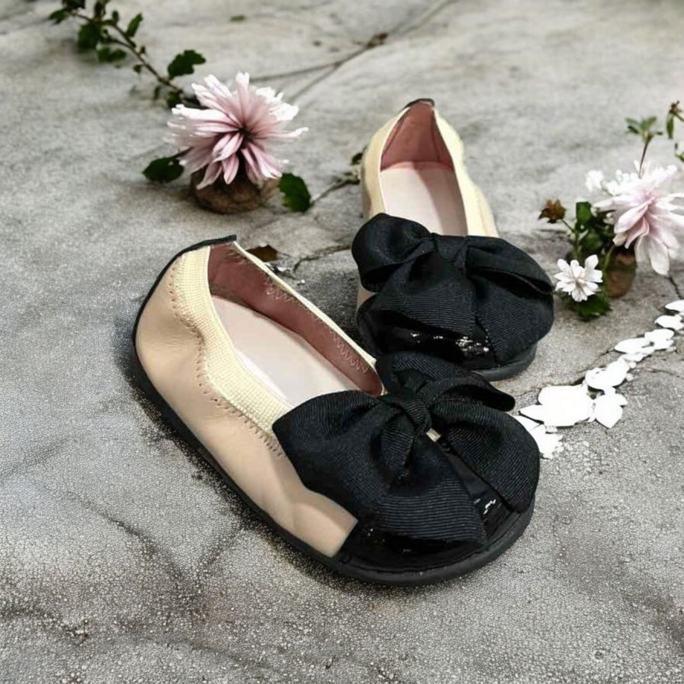 Mini Me Girls Bow Ballet Beige-Black Flats