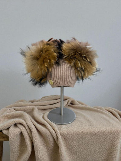 Mini Me and Mama Baby & Kids Cashmere Wool Knit Hat with Two Natural Fur Pom-Poms