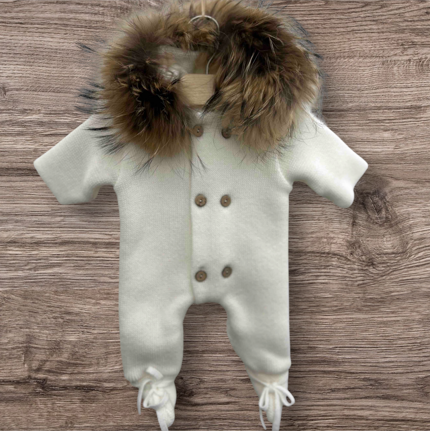 Newborn Baby Knitted Onesie in White Color with attachable Natural Fur