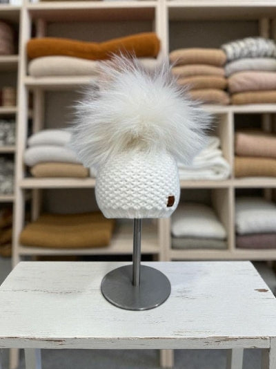 Knitted White Hat with Detachable White Natural Fur Pom-Pom